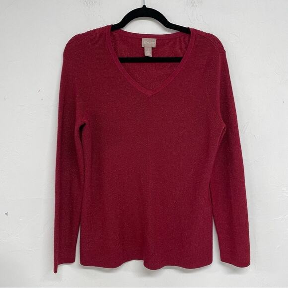 Chicos Red Metallic V Neck Pullover Sweater Womens M Holiday Casual Cozy - Picture 1 of 6